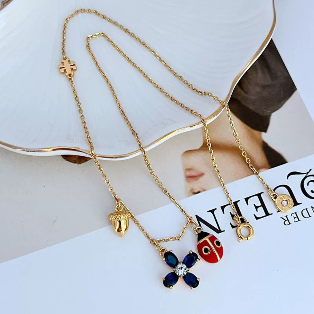 Tory Burch Pastoral Enamel Zircon Flower Pinecone Ladybug Pendant Metal Necklace